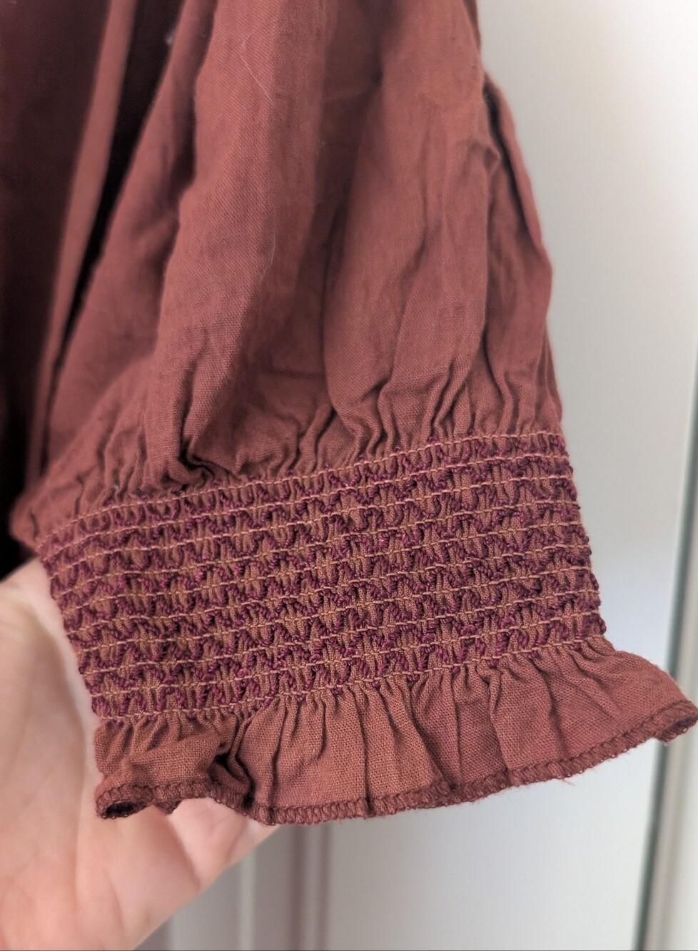 Brown Cotton Ruffled V-Neck Puff Sleeve Blouse XS - Picture 7 of 8